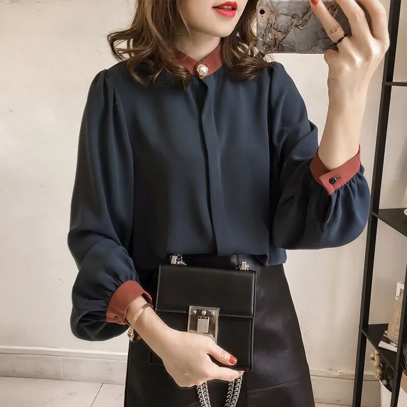 Korean Style Fat Girl Shirt Blue Collar Long Sleeve