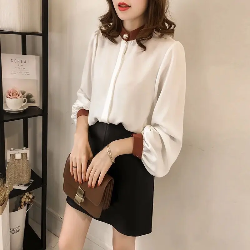 Korean Style Fat Girl Shirt Blue Collar Long Sleeve