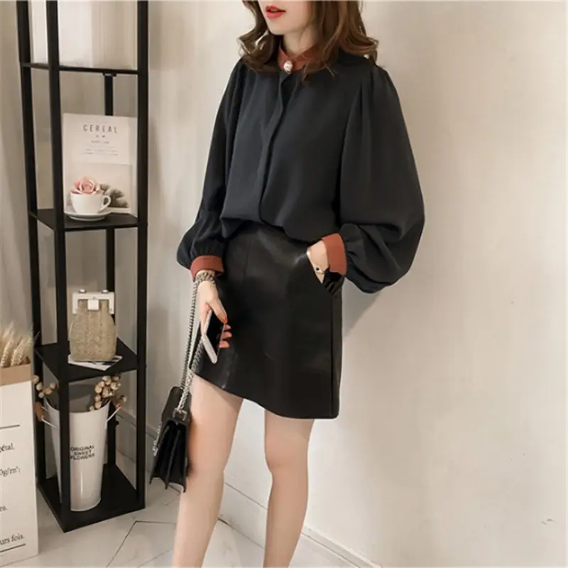 Korean Style Fat Girl Shirt Blue Collar Long Sleeve