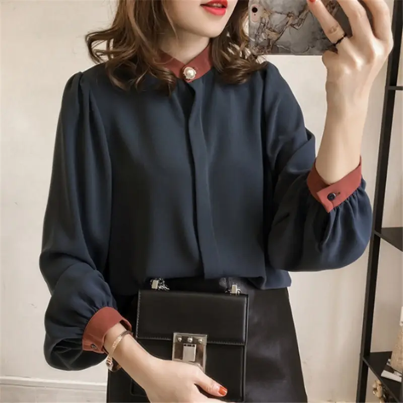 Korean Style Fat Girl Shirt Blue Collar Long Sleeve