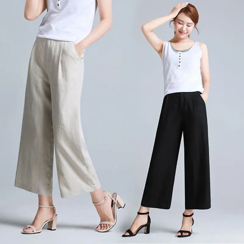 Women Wide Leg Linen Pants Black 2025 Spring - Image 8