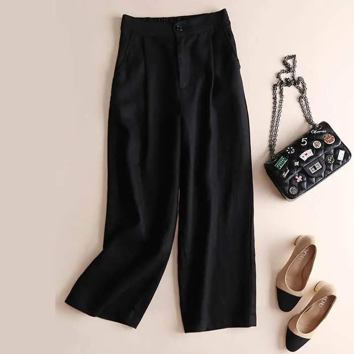 Women Wide Leg Linen Pants Black 2025 Spring - Image 3