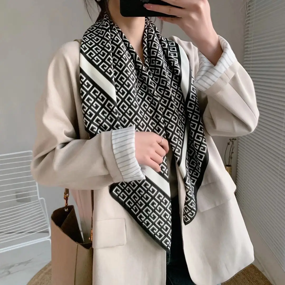 Muslim Women's Silk Scarf 90cm Letter Print Beige - Image 4