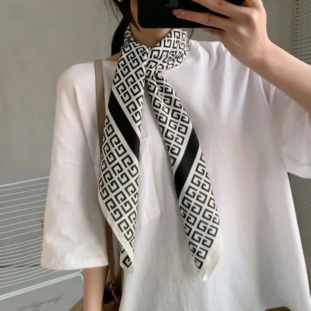Muslim Women's Silk Scarf 90cm Letter Print Beige - Image 3