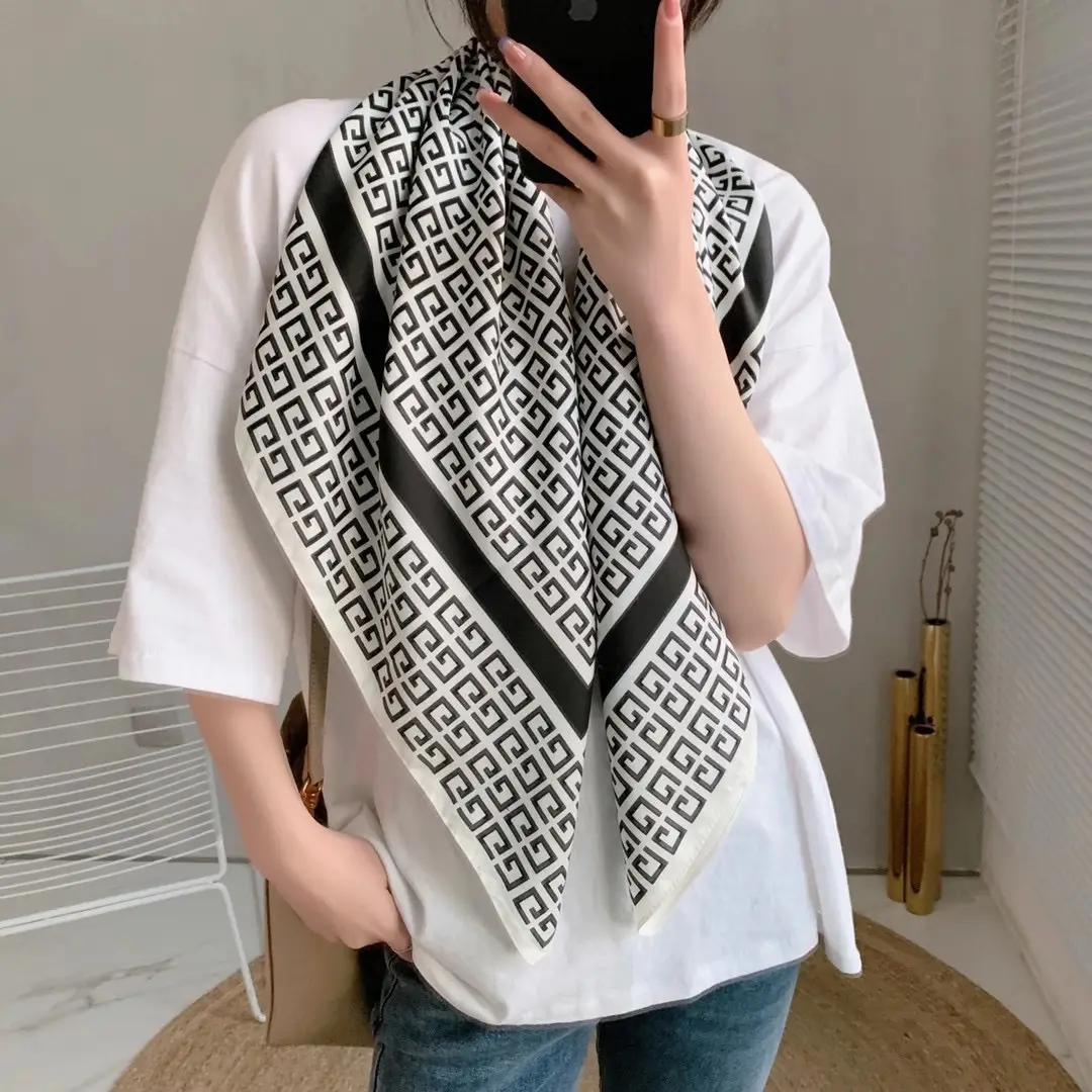 Muslim Women's Silk Scarf 90cm Letter Print Beige - Image 5