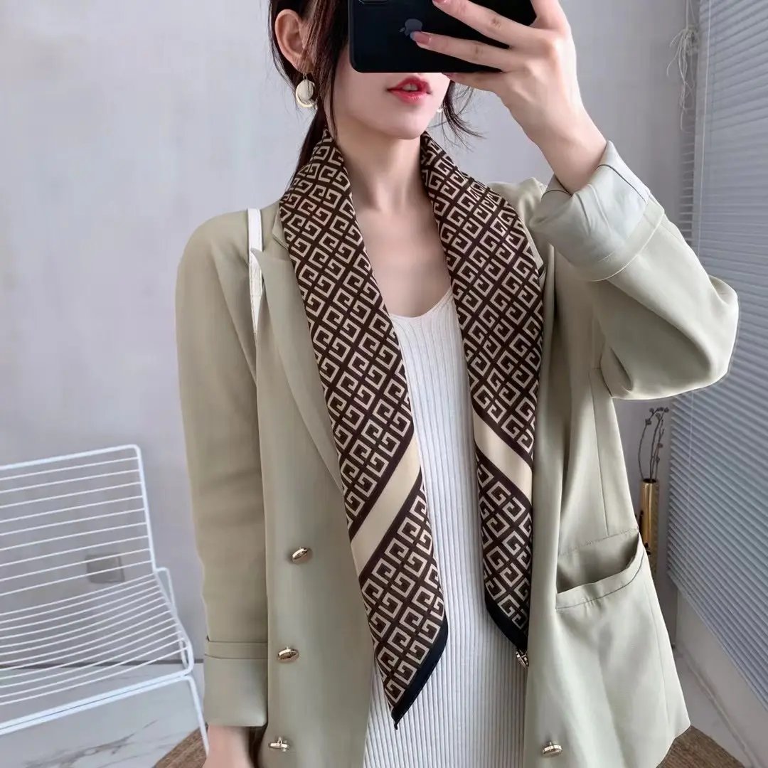 Muslim Women's Silk Scarf 90cm Letter Print Beige - Image 6