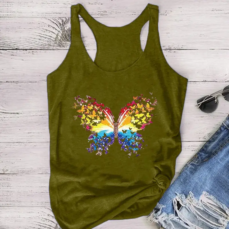 Blue Butterfly Printed Sleeveless T-Shirt for Women