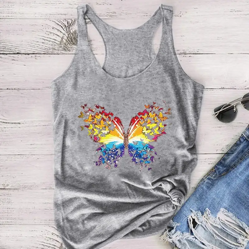 Blue Butterfly Printed Sleeveless T-Shirt for Women