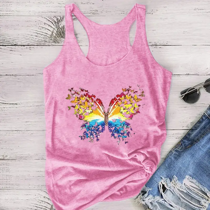 Blue Butterfly Printed Sleeveless T-Shirt for Women