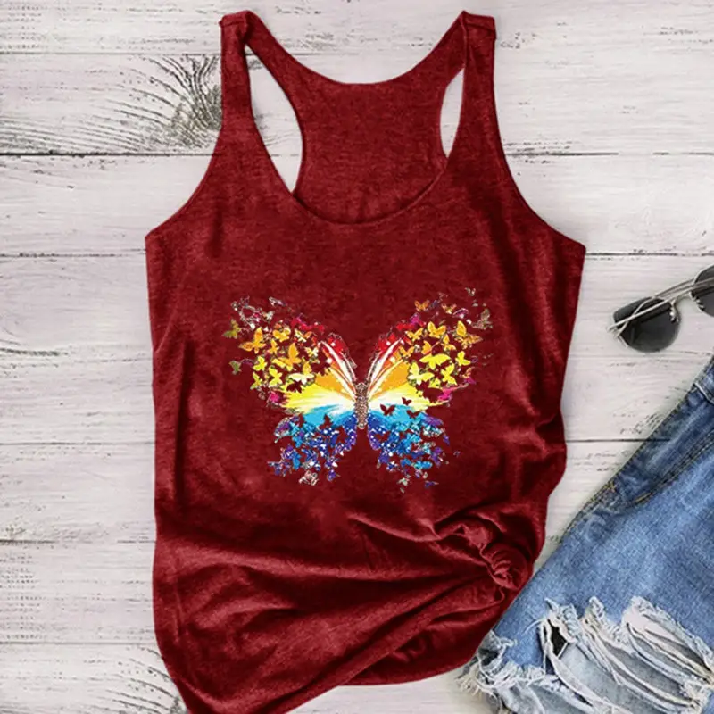 Blue Butterfly Printed Sleeveless T-Shirt for Women