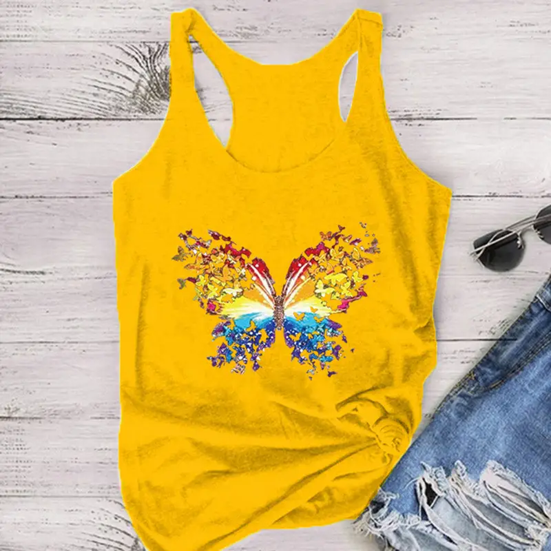 Blue Butterfly Printed Sleeveless T-Shirt for Women