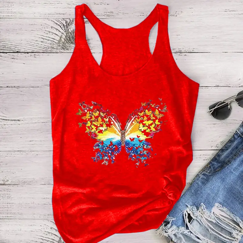 Blue Butterfly Printed Sleeveless T-Shirt for Women