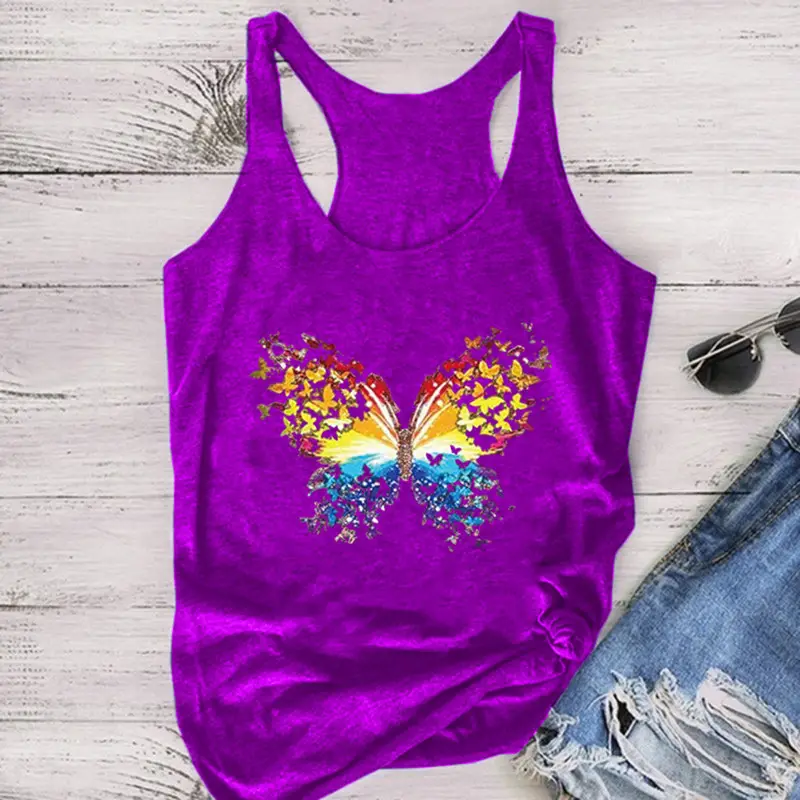 Blue Butterfly Printed Sleeveless T-Shirt for Women