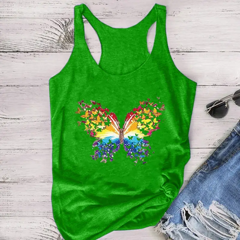Blue Butterfly Printed Sleeveless T-Shirt for Women