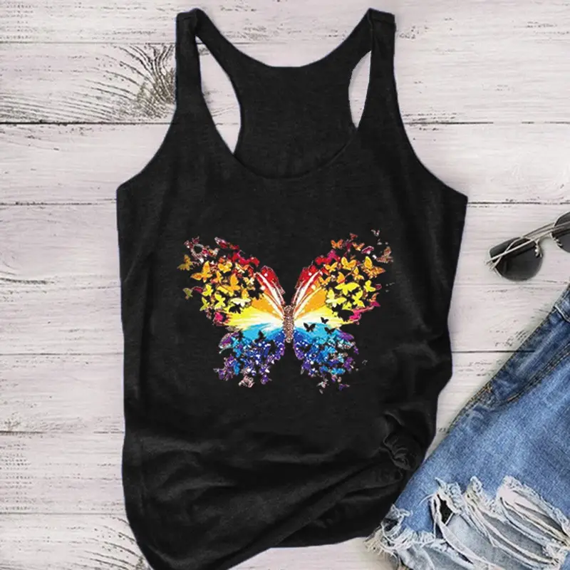 Blue Butterfly Printed Sleeveless T-Shirt for Women