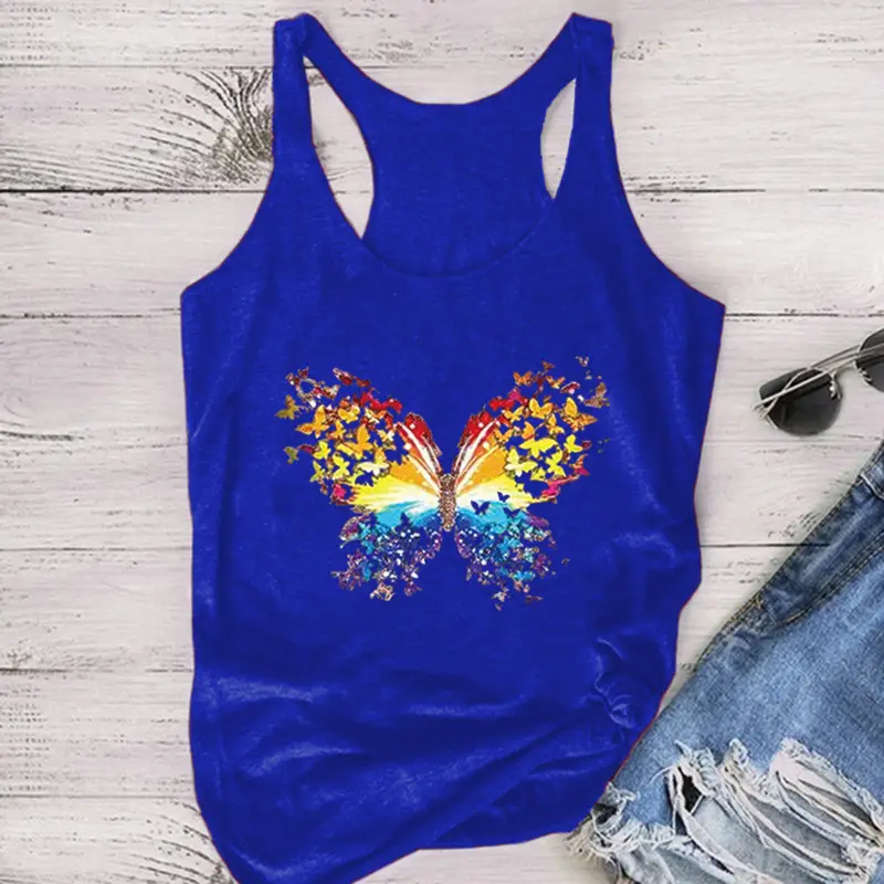 Blue Butterfly Printed Sleeveless T-Shirt for Women