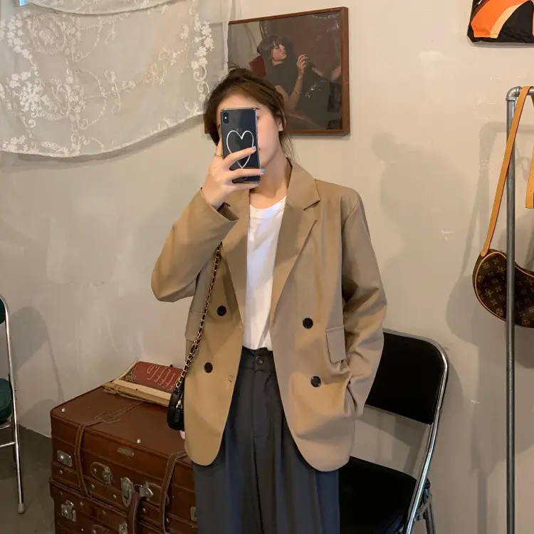Women's Khaki Draped Loose Suit Jacket Mid-Length - Image 4
