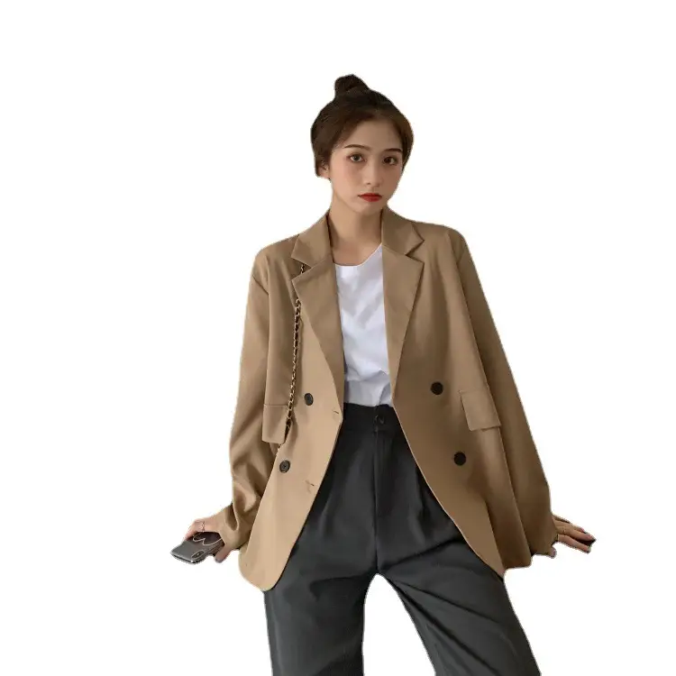 Women's Khaki Draped Loose Suit Jacket Mid-Length - Image 7