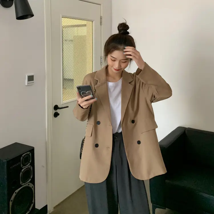Women's Khaki Draped Loose Suit Jacket Mid-Length — feature 10