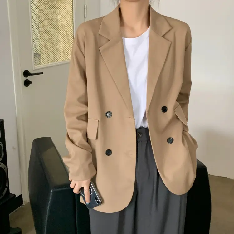 Women's Khaki Draped Loose Suit Jacket Mid-Length — feature 3