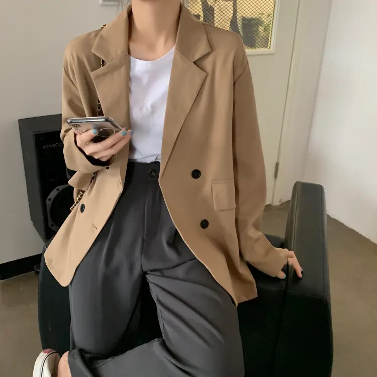 Women's Khaki Draped Loose Suit Jacket Mid-Length — feature 4