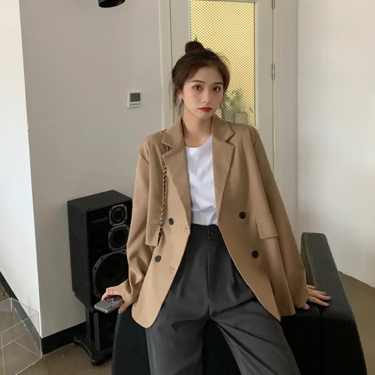 Women's Khaki Draped Loose Suit Jacket Mid-Length — feature 7