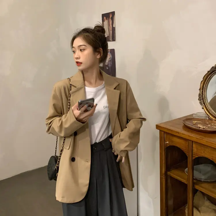 Women's Khaki Draped Loose Suit Jacket Mid-Length — feature 9