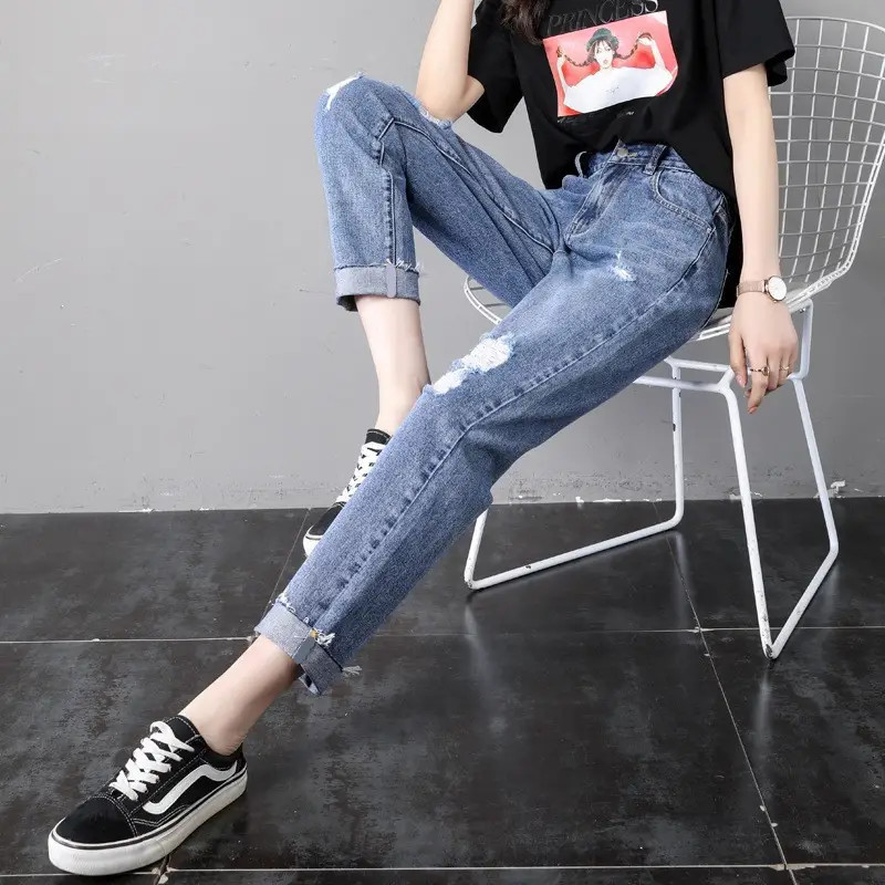 Women Ripped Cropped Jeans Plus Size Slimming - Image 2