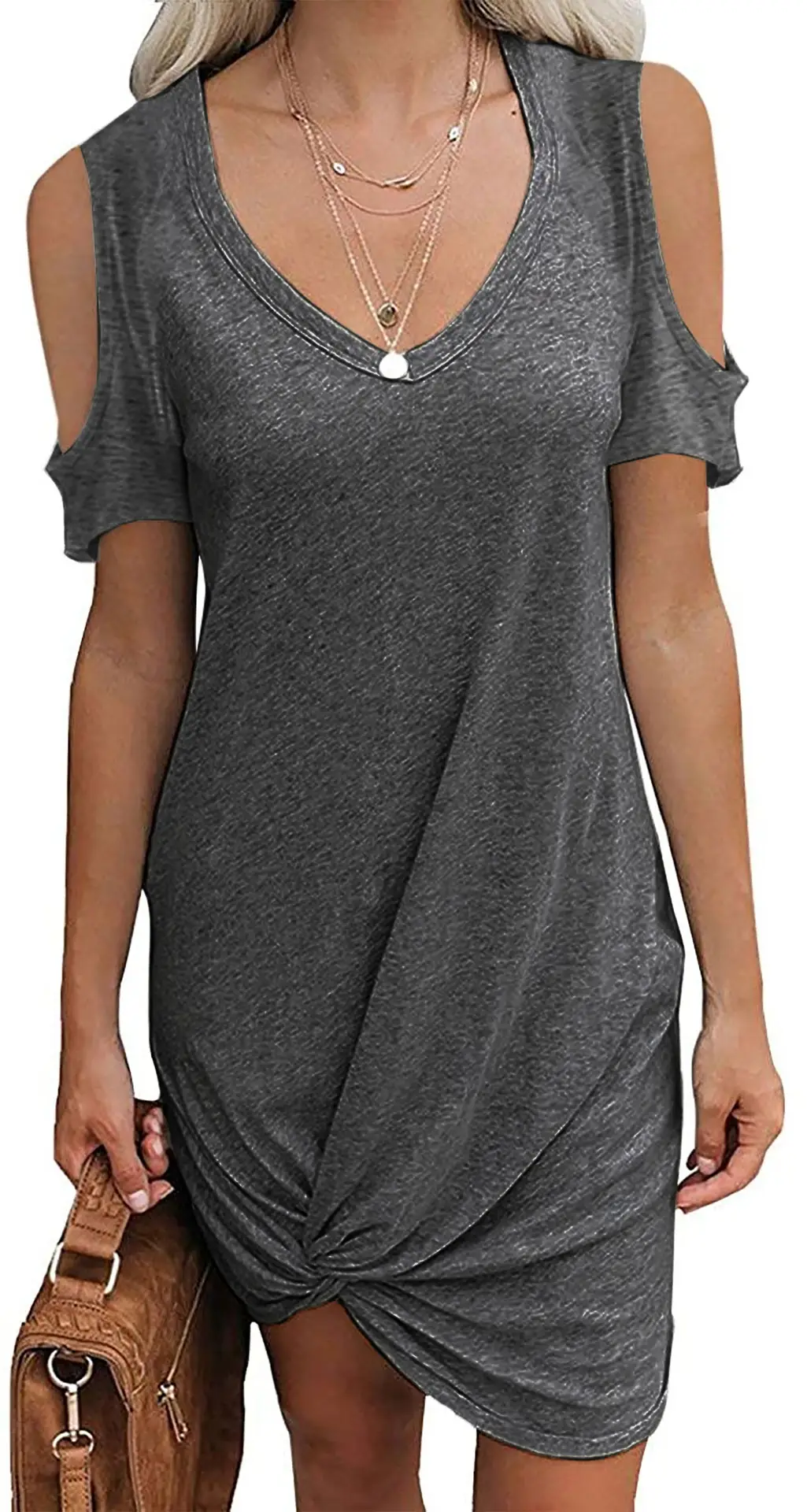 Women's 2026 Twist T-Shirt Dress Short Sleeve Off-Shoulder Grey - Image 8