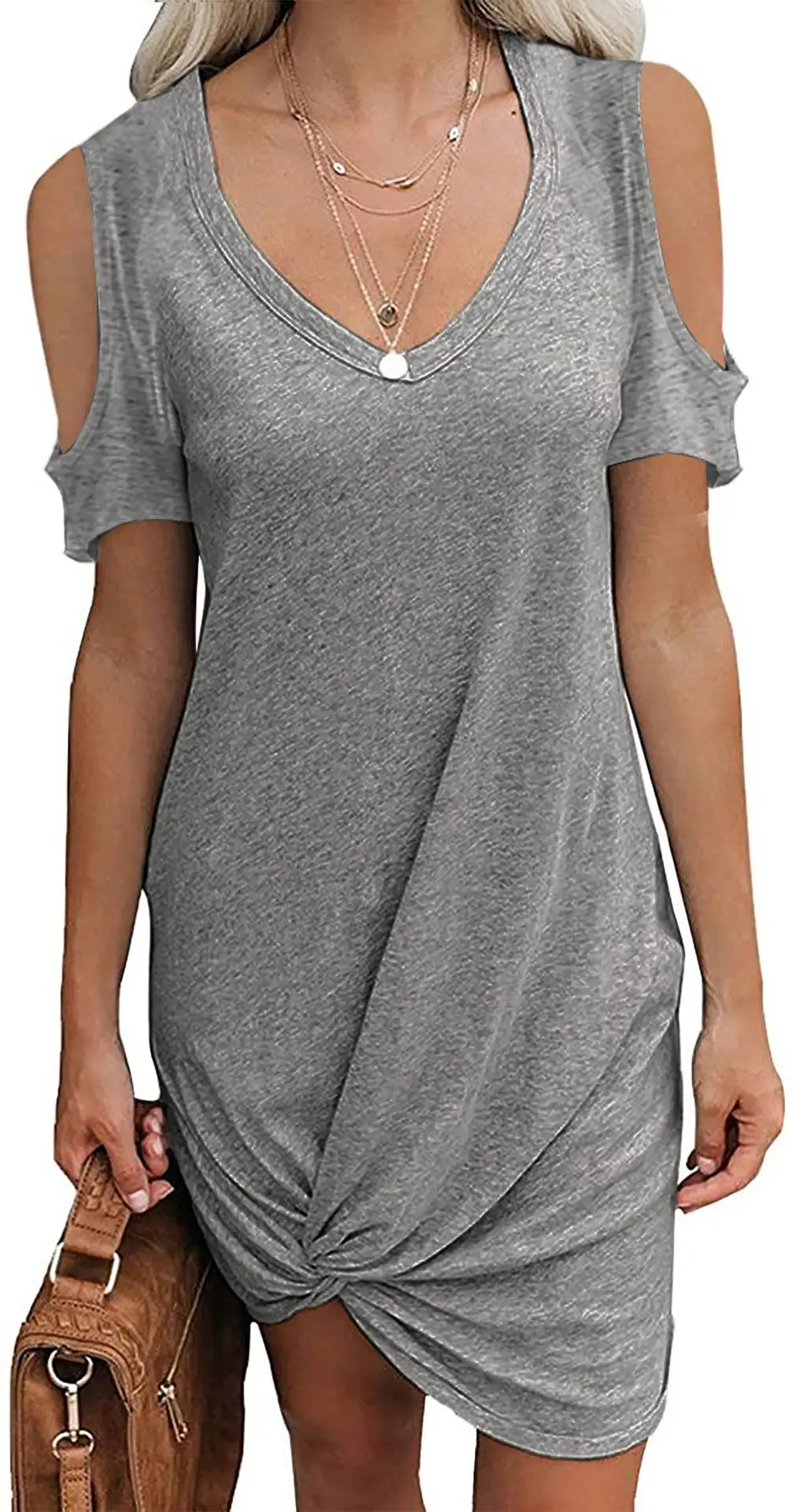 Women's 2026 Twist T-Shirt Dress Short Sleeve Off-Shoulder Grey - Image 11