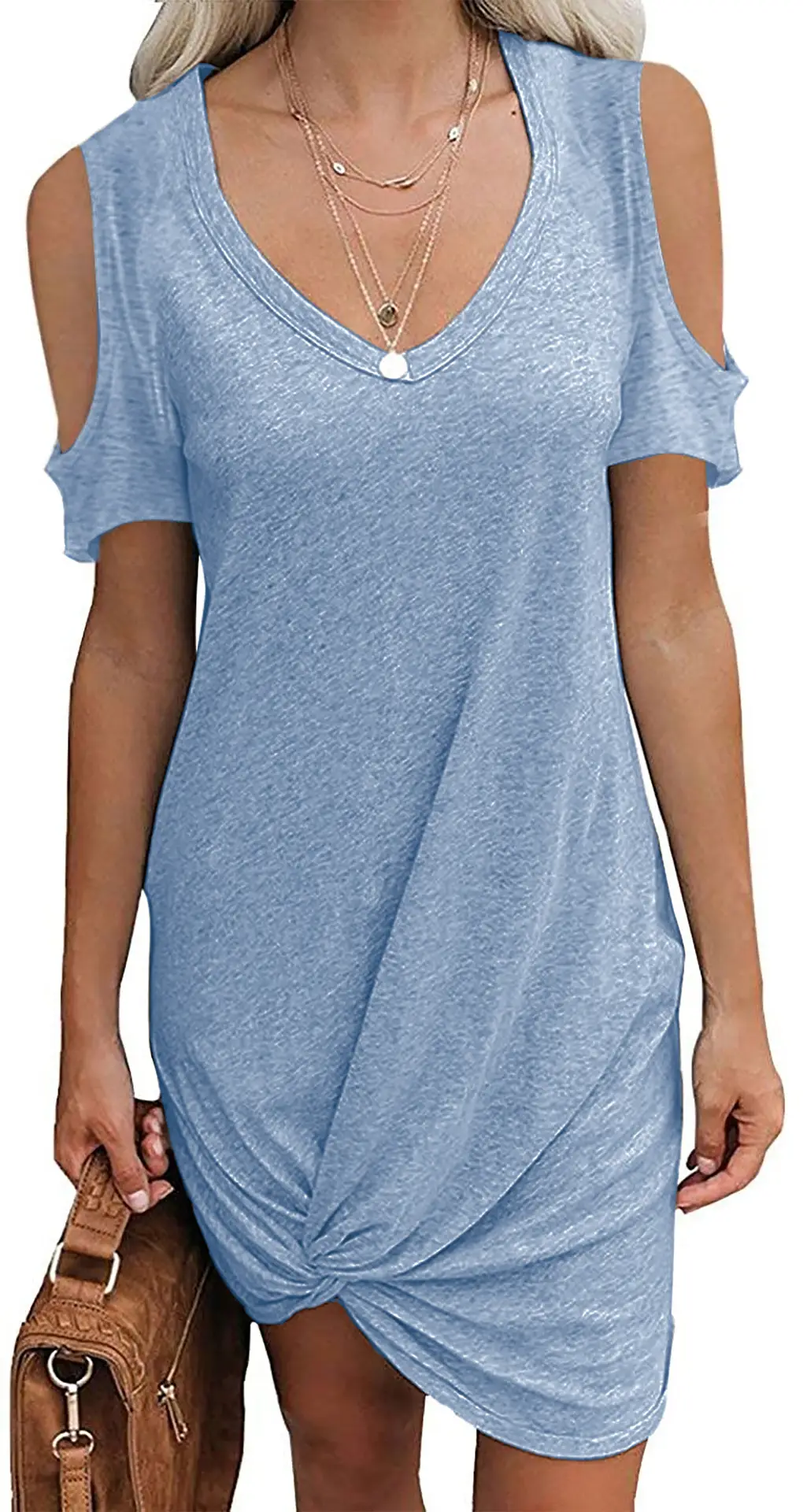 Women's 2026 Twist T-Shirt Dress Short Sleeve Off-Shoulder Grey - Image 5
