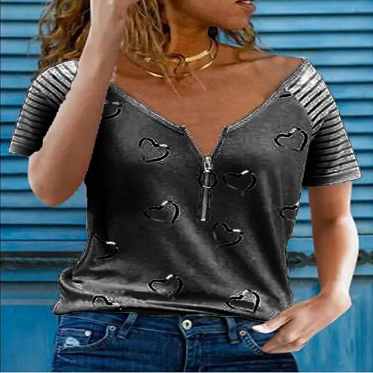 Women's Black Printed V-Neck Zipper T-Shirt Casual Loose Short Sleeve