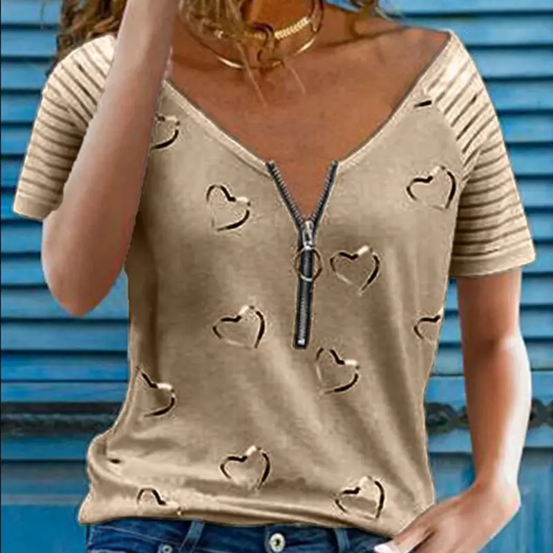 Women's Black Printed V-Neck Zipper T-Shirt Casual Loose Short Sleeve