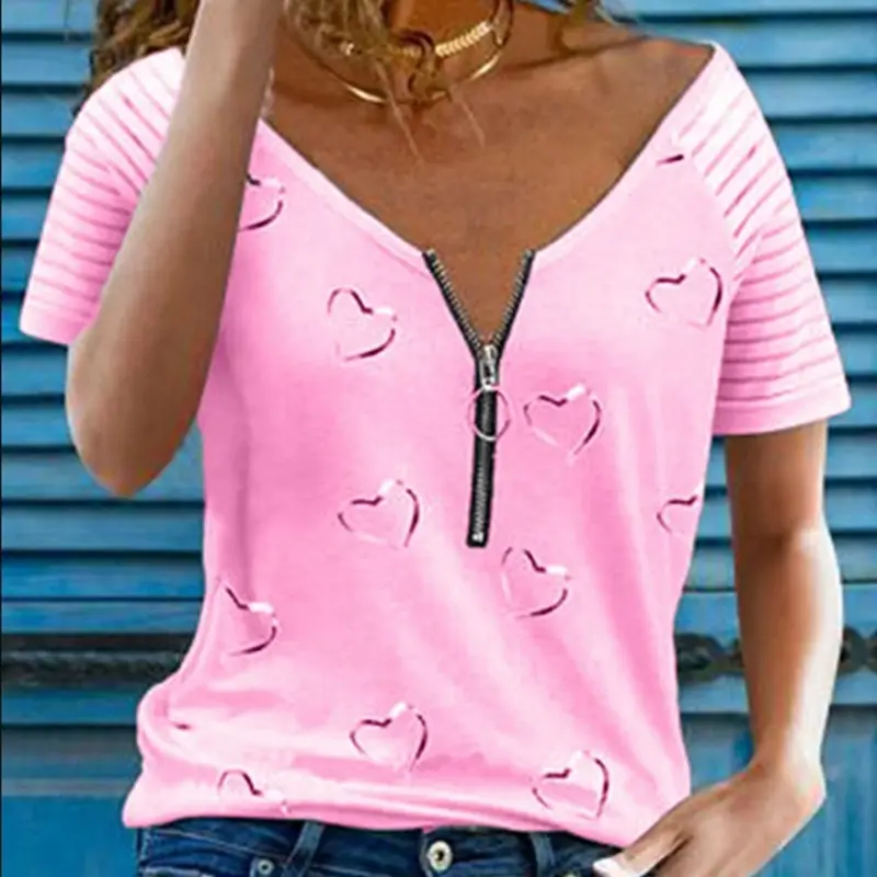 Women's Black Printed V-Neck Zipper T-Shirt Casual Loose Short Sleeve