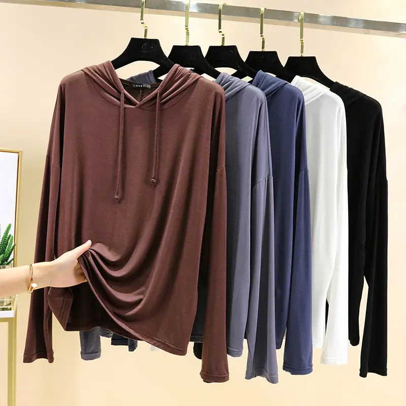 Women Long Sleeve Hooded T-Shirt Light Blue Large