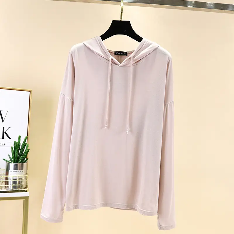 Women Long Sleeve Hooded T-Shirt Light Blue Large