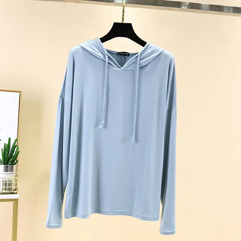 Women Long Sleeve Hooded T-Shirt Light Blue Large