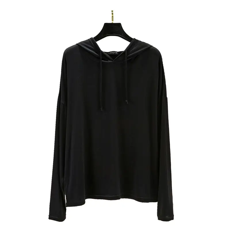 Women Long Sleeve Hooded T-Shirt Light Blue Large
