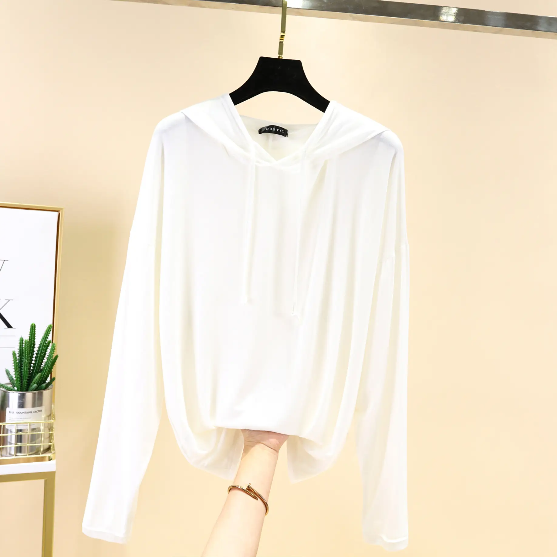 Women Long Sleeve Hooded T-Shirt Light Blue Large