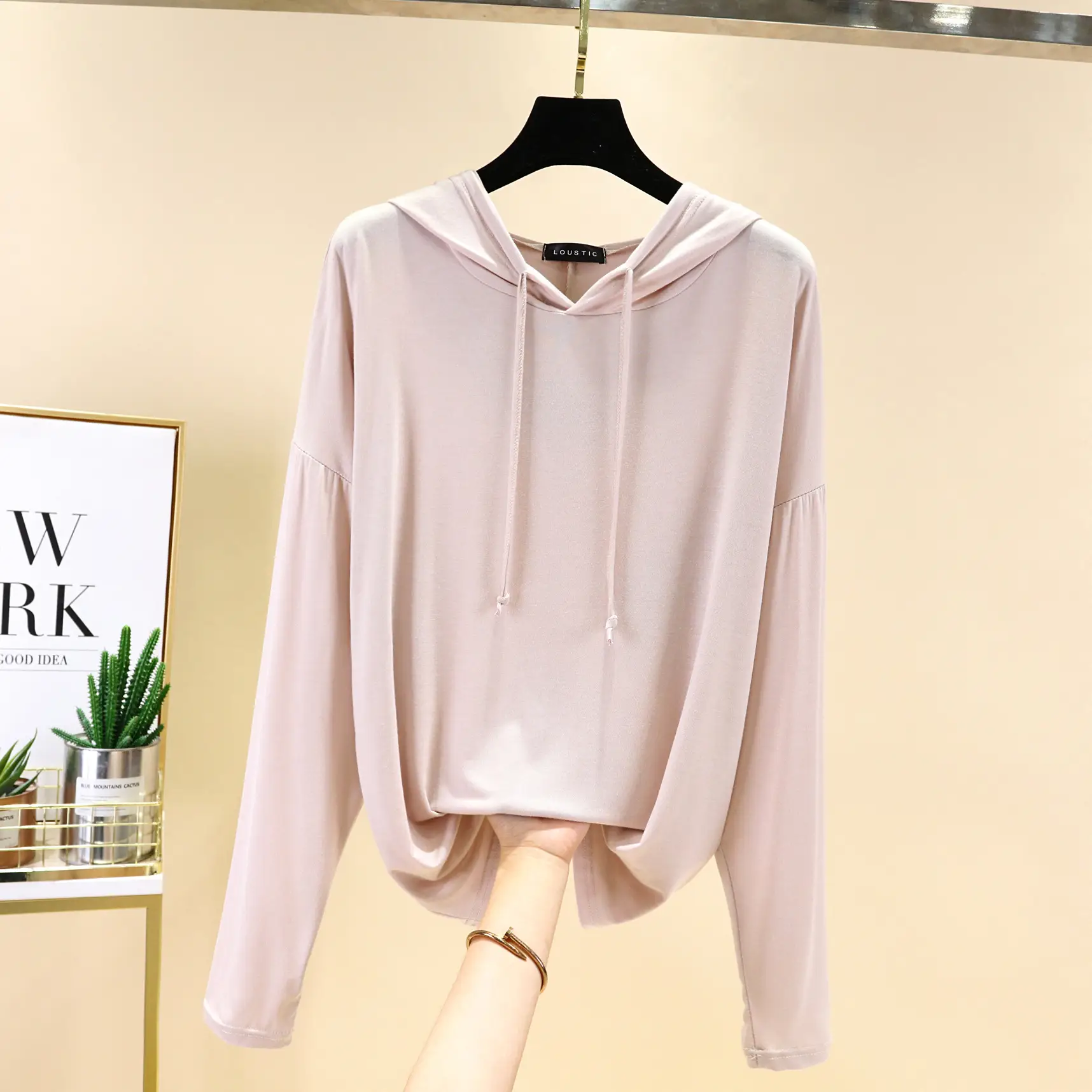 Women Long Sleeve Hooded T-Shirt Light Blue Large