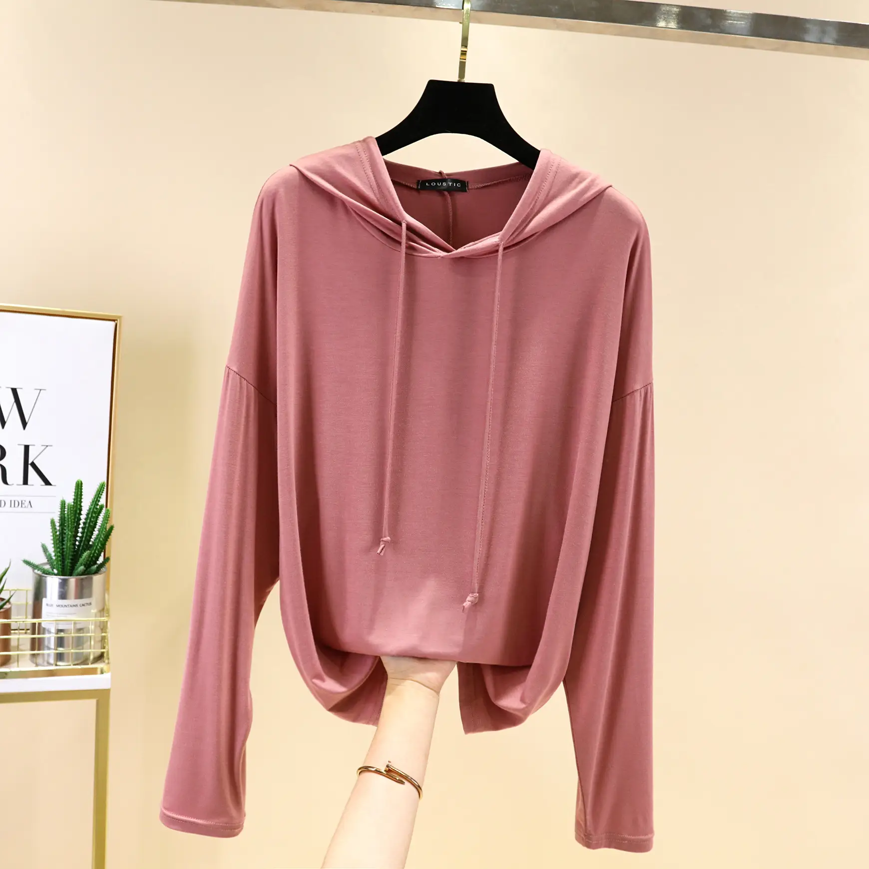 Women Long Sleeve Hooded T-Shirt Light Blue Large