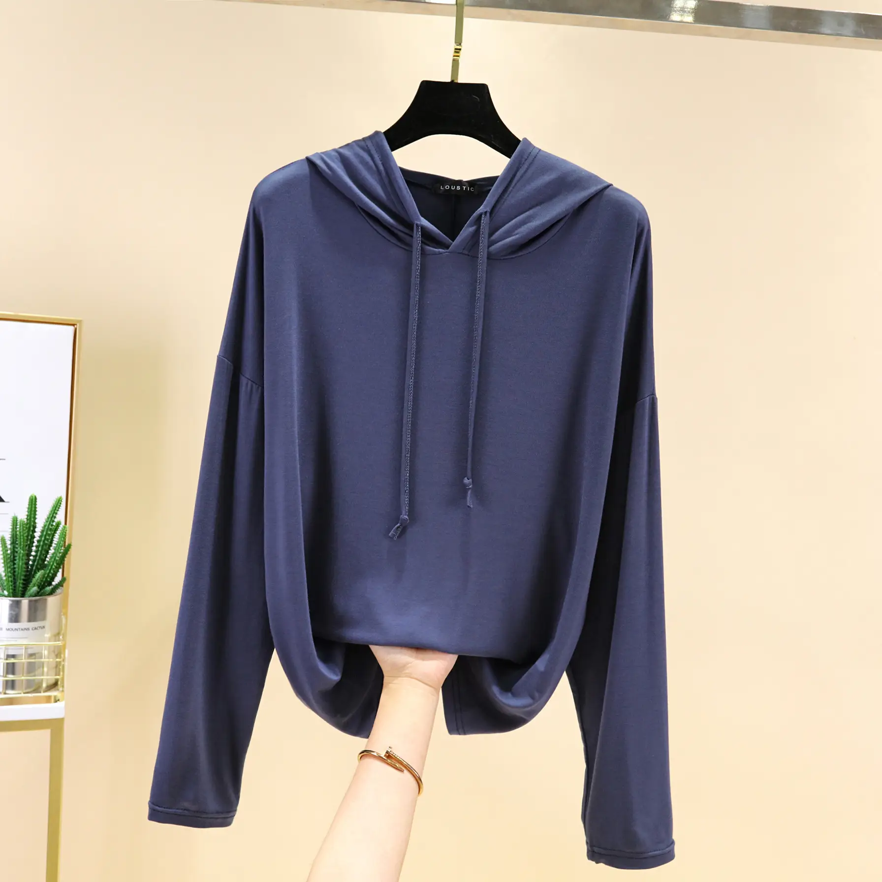 Women Long Sleeve Hooded T-Shirt Light Blue Large