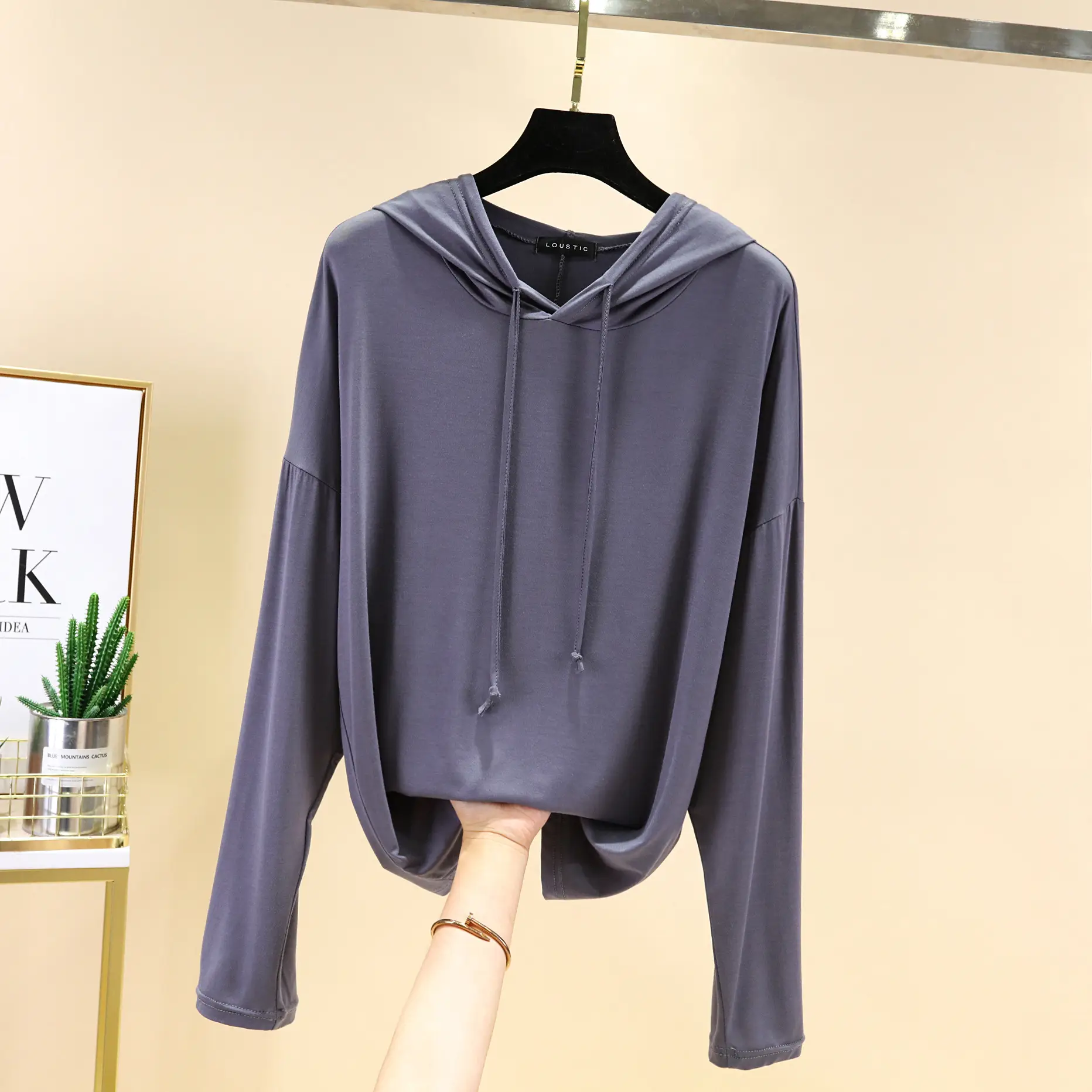 Women Long Sleeve Hooded T-Shirt Light Blue Large
