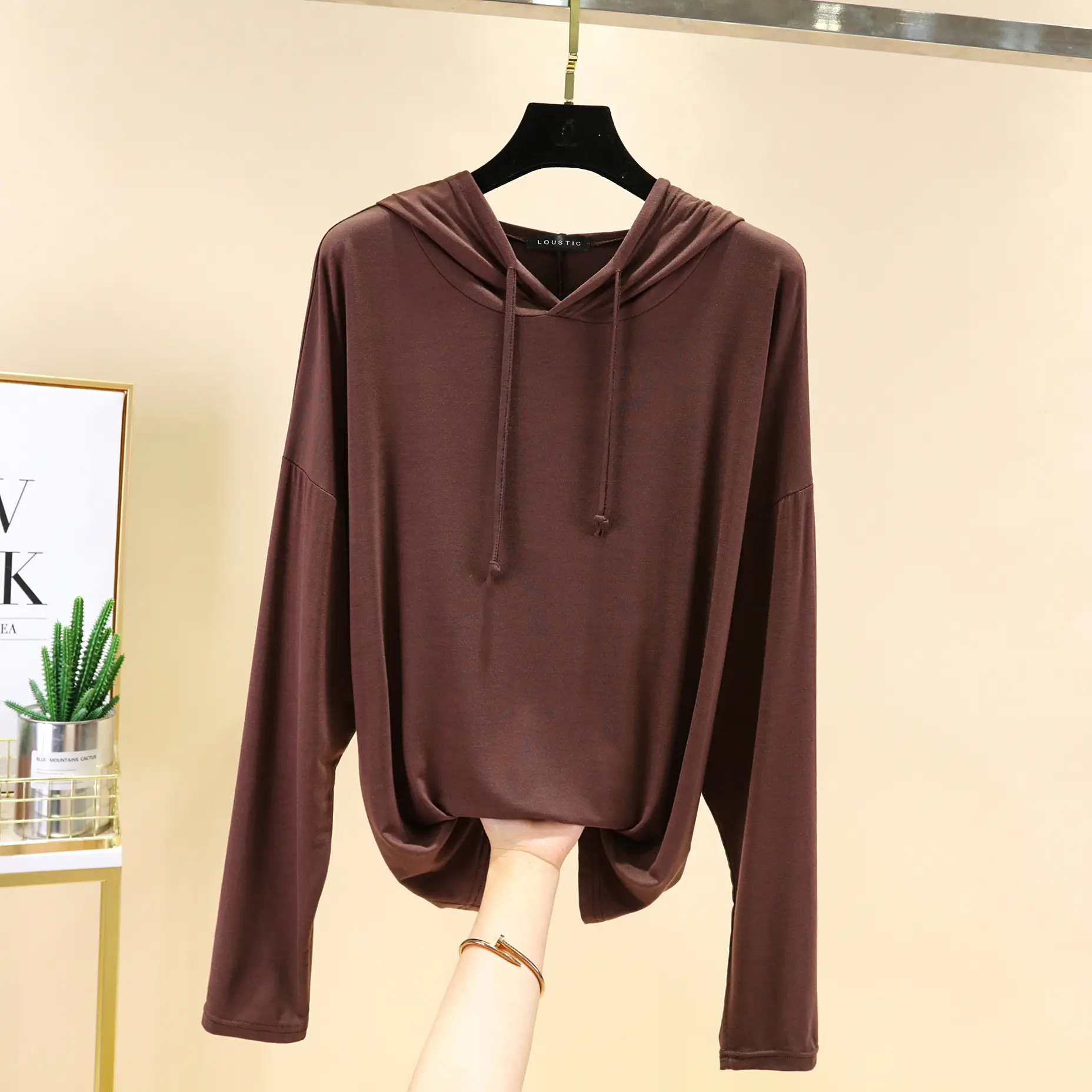 Women Long Sleeve Hooded T-Shirt Light Blue Large