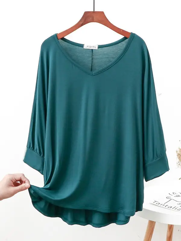 Women V-Neck Loose T-Shirt Brown Plus Size - Image 11