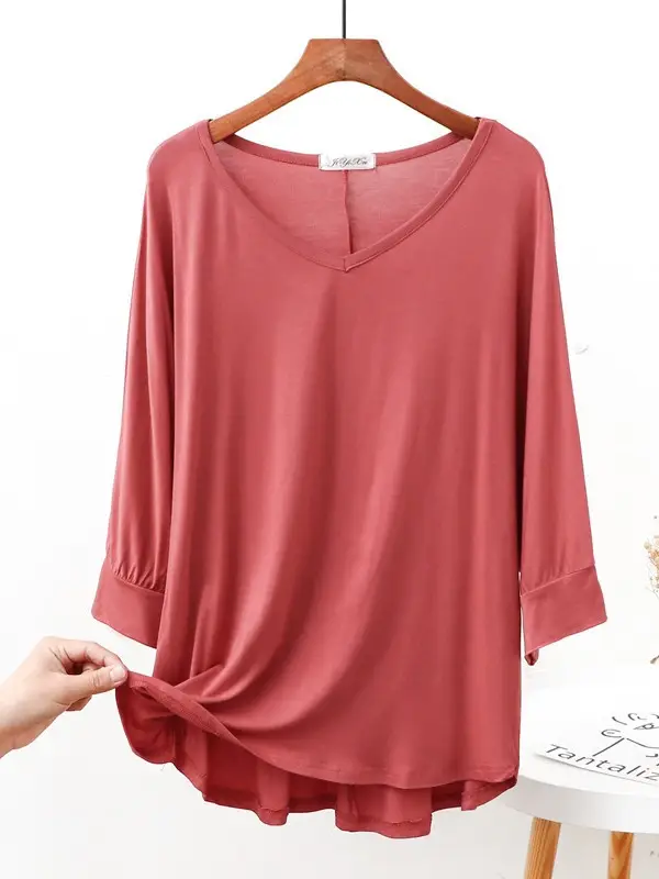 Women V-Neck Loose T-Shirt Brown Plus Size - Image 12