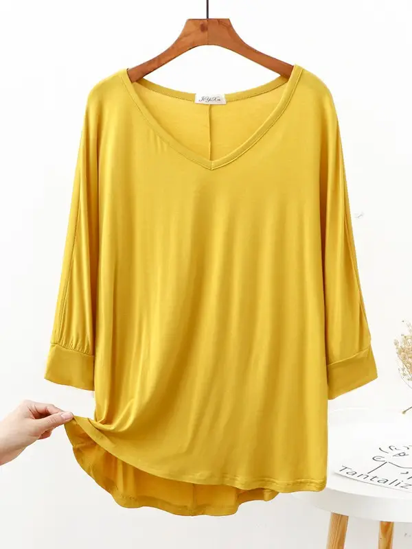 Women V-Neck Loose T-Shirt Brown Plus Size - Image 13