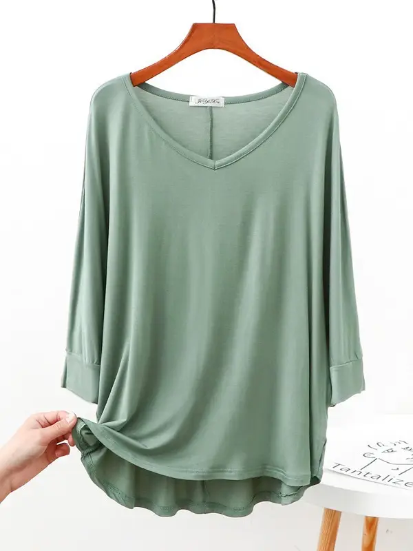 Women V-Neck Loose T-Shirt Brown Plus Size - Image 14