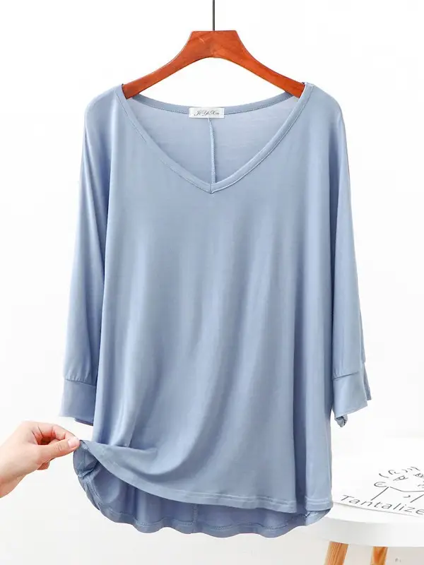 Women V-Neck Loose T-Shirt Brown Plus Size - Image 15