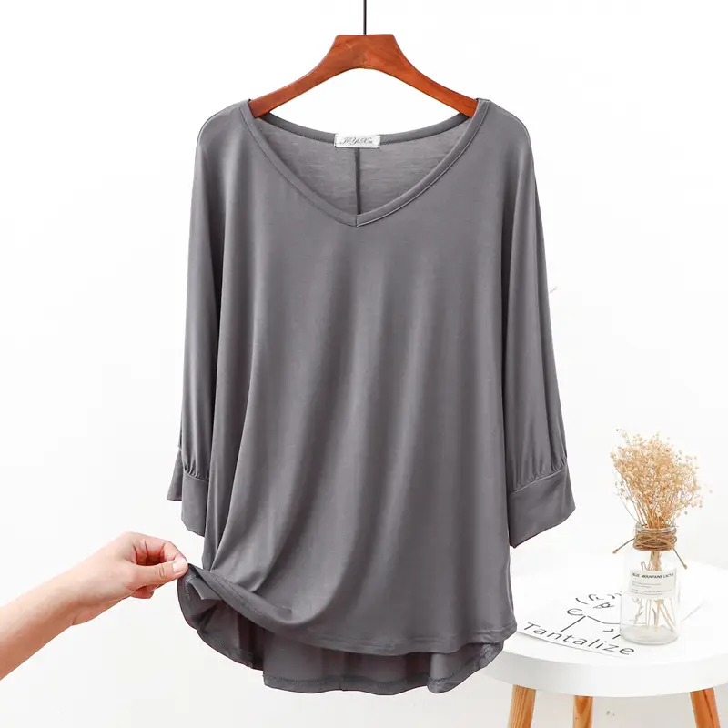 Women V-Neck Loose T-Shirt Brown Plus Size - Image 10